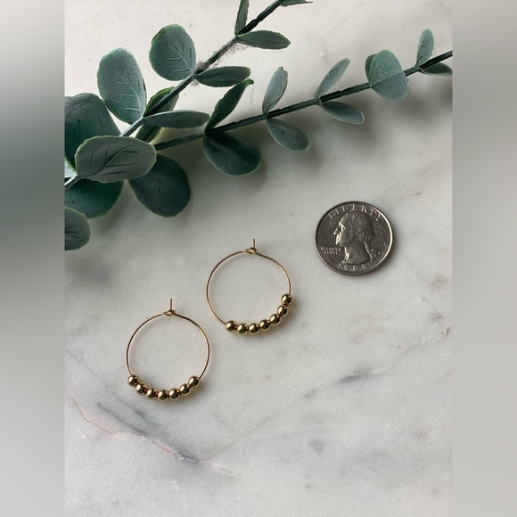 Handmade Minimalist Gold Hoops with gold beads - Picture 2 of 2